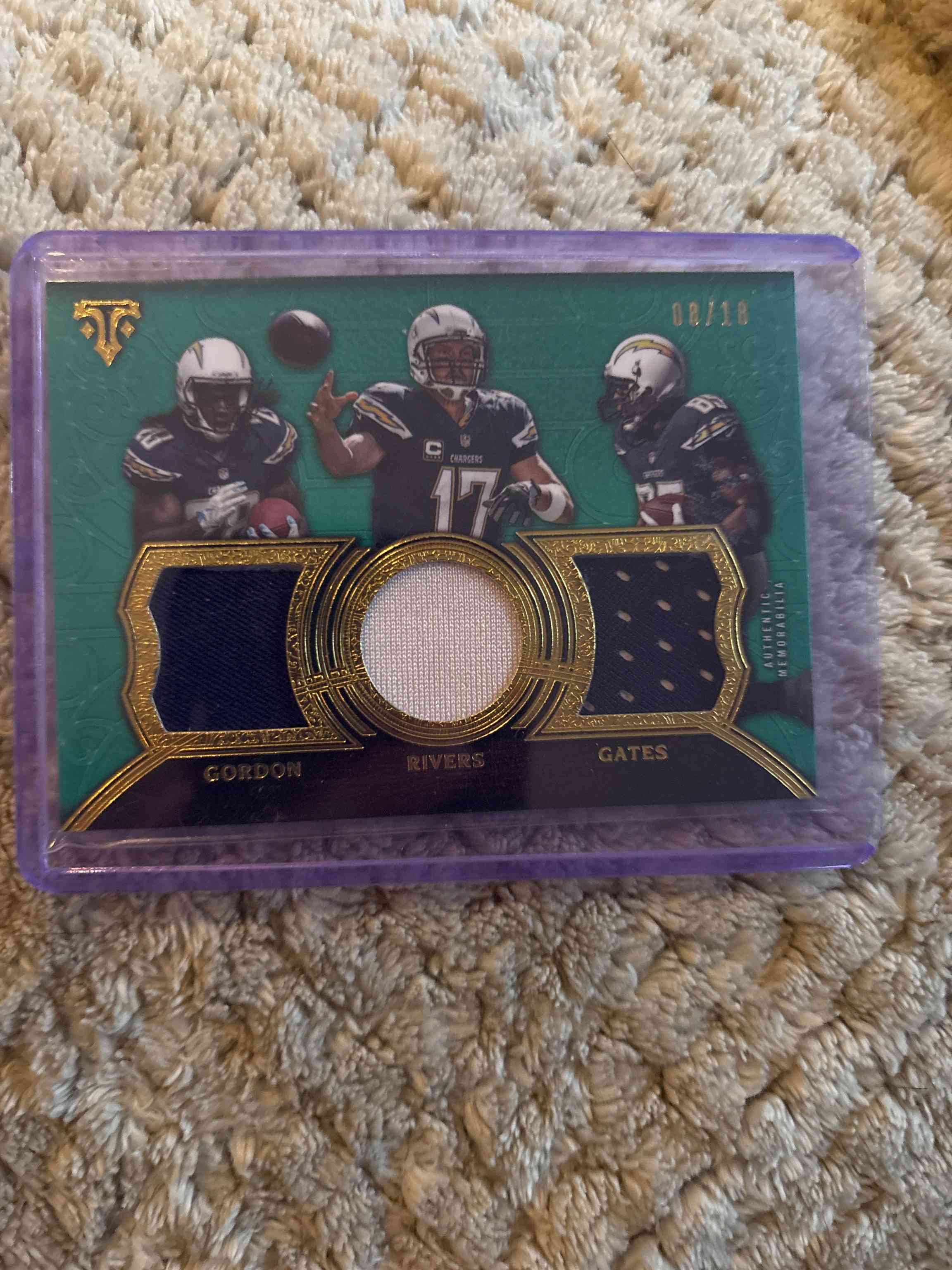 Image for 2015 Topps Triple Threads Relics Trios Emerald Melvin Gordon Philip Rivers Antonio Gates #TTR-TRG /18