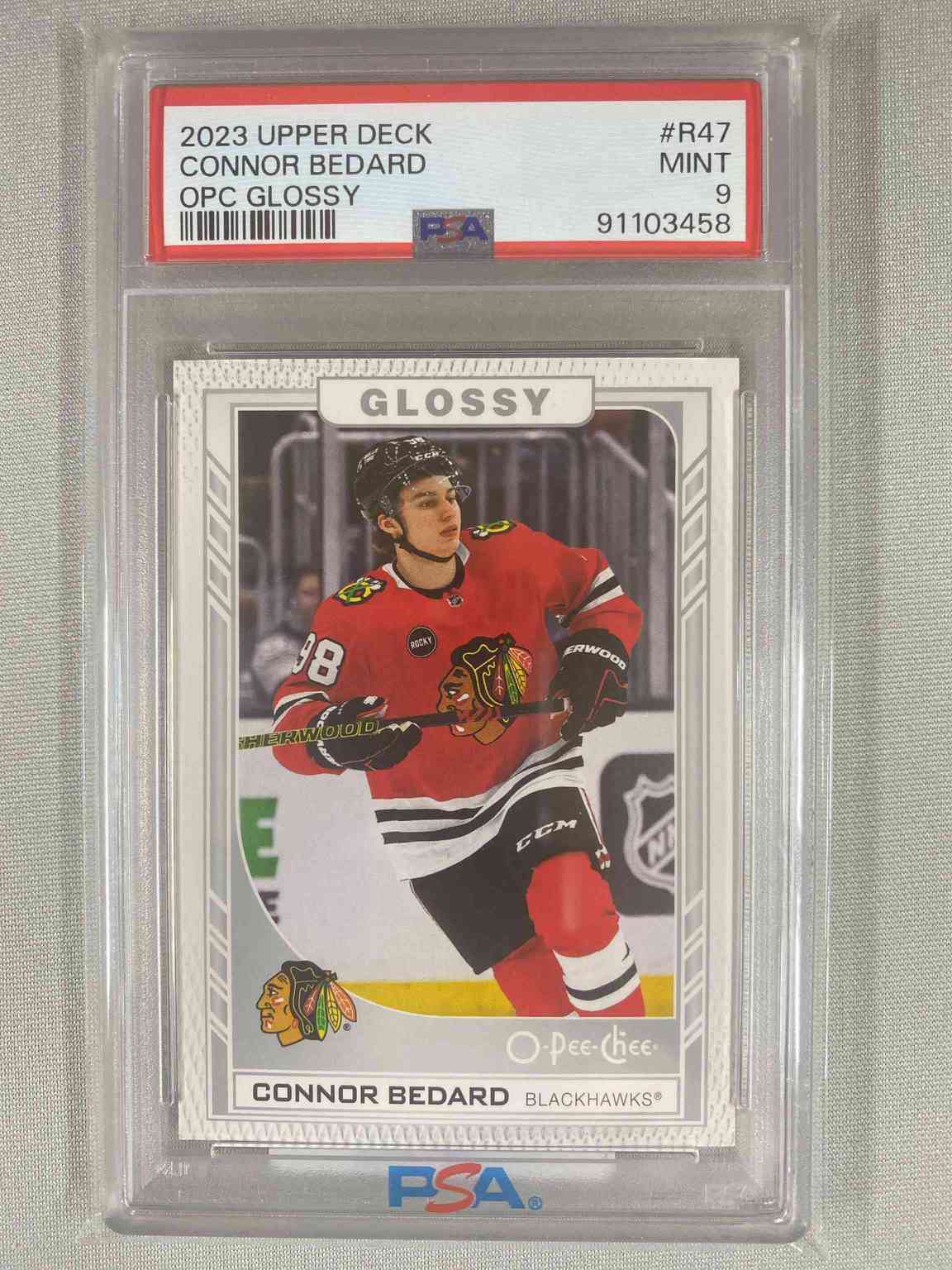 Image for 2023-24 ud o-pee-chee opc glossy connor bedard blackhawks rc rookie psa 10