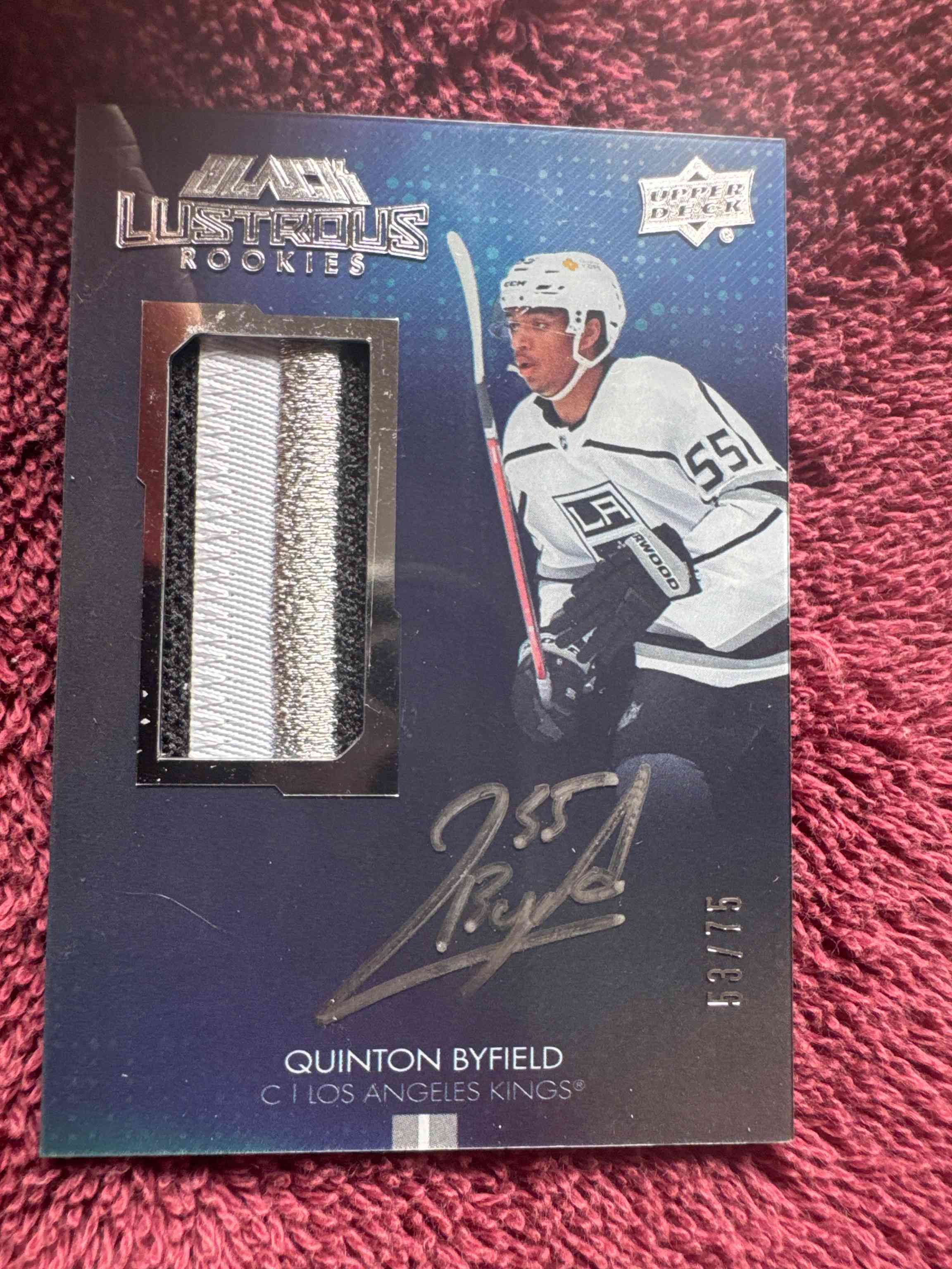 Image for 2021-22 ud black lustrous rookie auto patch #lrpa-qb quinton byfield /75